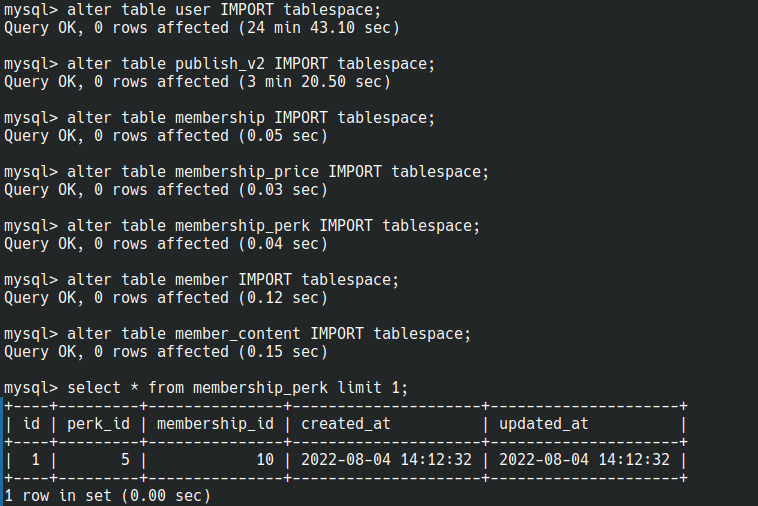 Example import tablespace